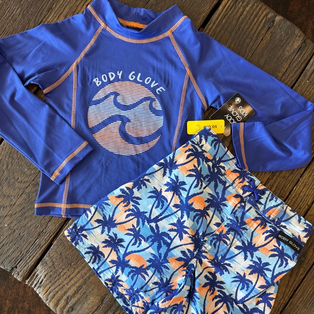 Body Glove NWT Boys Blue & Orange  Palm Tree Swim trunks Shorts Set Size 5